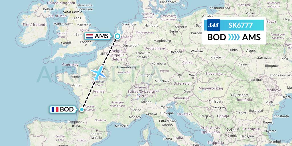 SK6777 SAS Flight Map: Bordeaux to Amsterdam