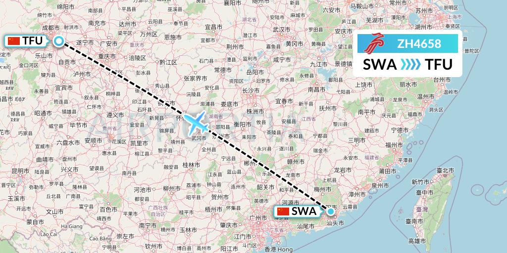ZH4658 Shenzhen Airlines Flight Map: Jieyang to Chengdu