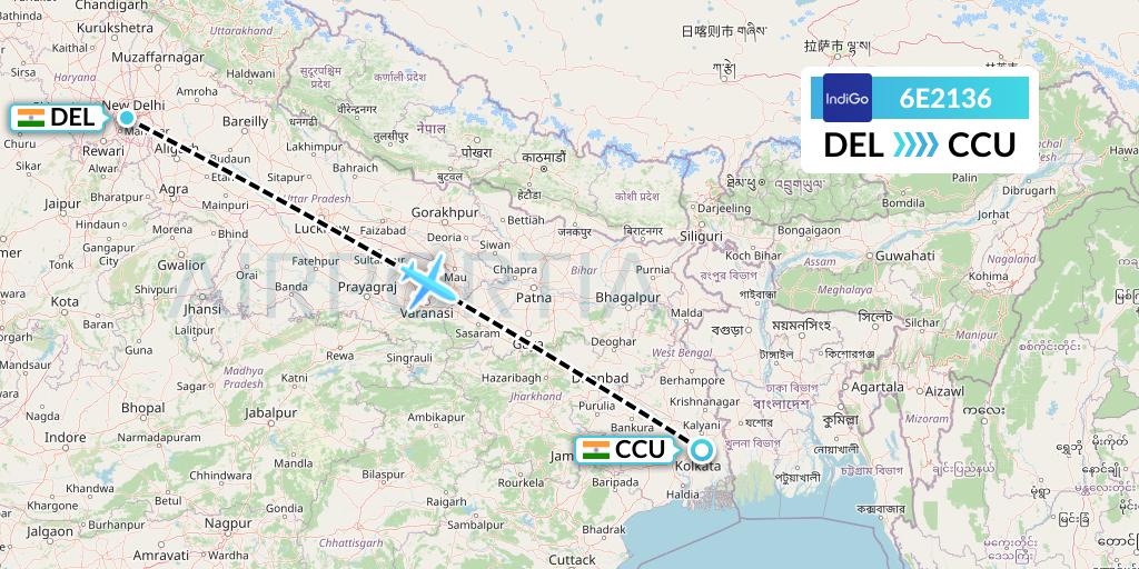 6E2136 IndiGo Airlines Flight Map: Delhi to Kolkata