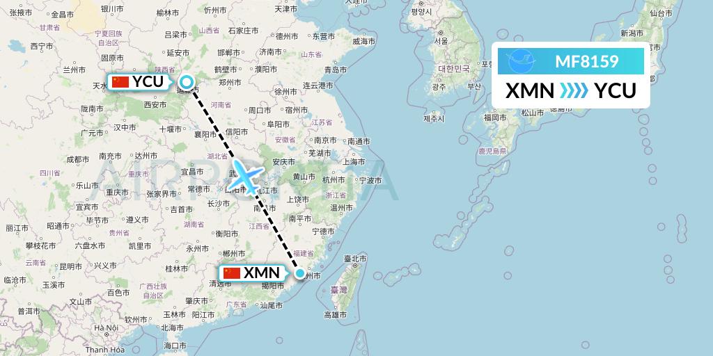 MF8159 Xiamen Airlines Flight Map: Xiamen to Yuncheng