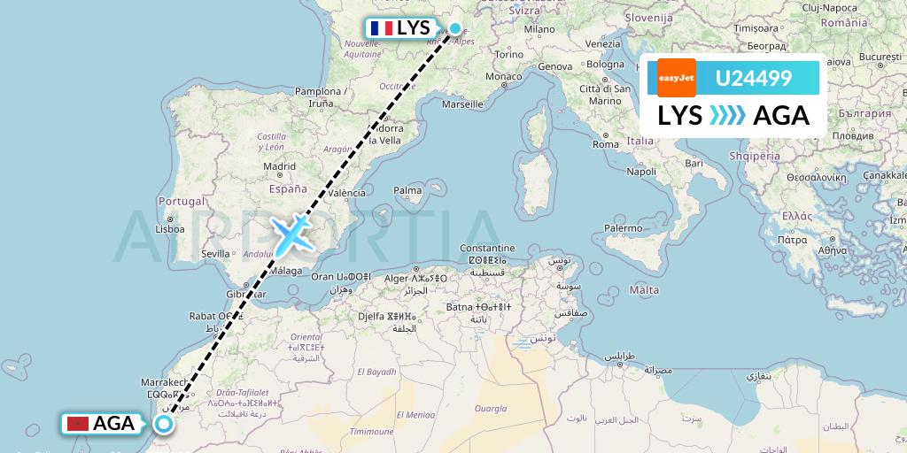 U24499 EasyJet Flight Map: Lyon to Agadir