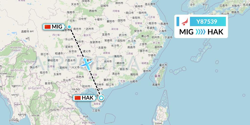 Y87539 Yangtze River Express Flight Map: Mianyang to Haikou