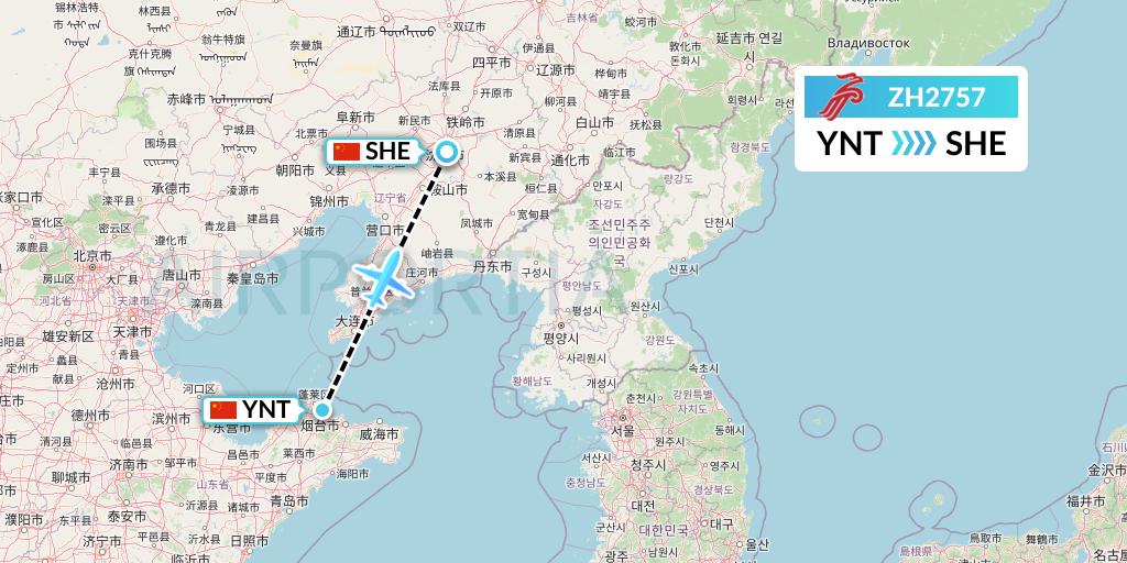 ZH2757 Shenzhen Airlines Flight Map: Yantai to Shenyang
