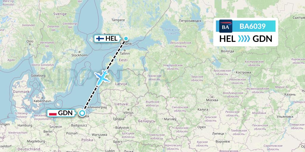 BA6039 British Airways Flight Map: Helsinki to Gdansk