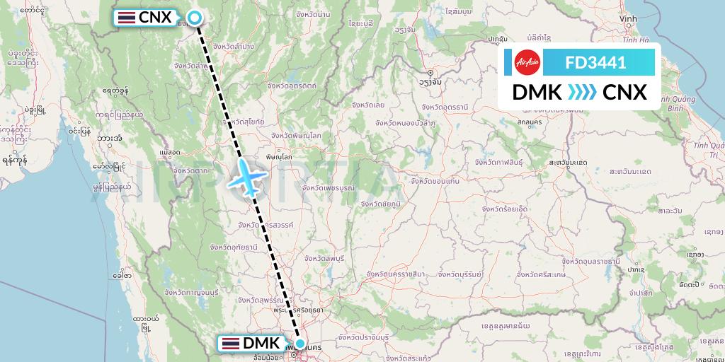FD3441 Thai AirAsia Flight Map: Bangkok to Chiang Mai