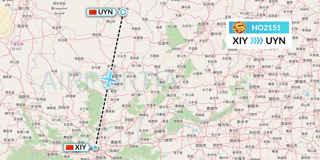 HO2151 Juneyao Airlines Flight Map: Xi'an to Yulin