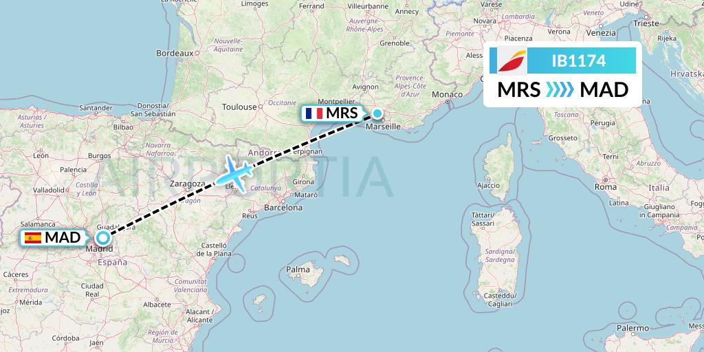 IB1174 Iberia Flight Map: Marseille to Madrid