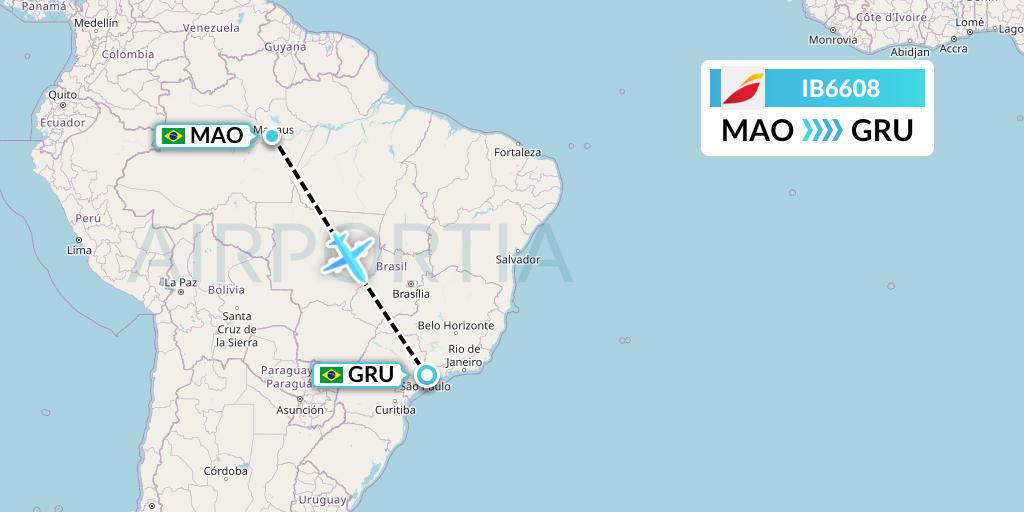 IB6608 Iberia Flight Map: Manaus to Sao Paulo