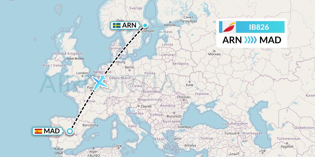 IB826 Iberia Flight Map: Stockholm to Madrid