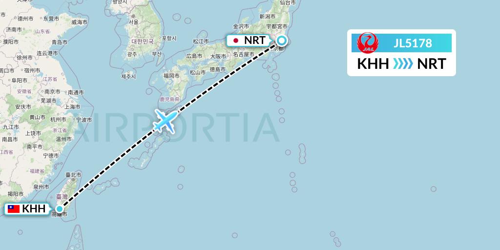 JL5178 Japan Airlines Flight Map: Kaohsiung to Tokyo
