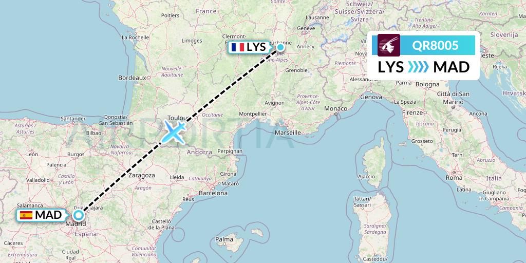 QR8005 Qatar Airways Flight Map: Lyon to Madrid