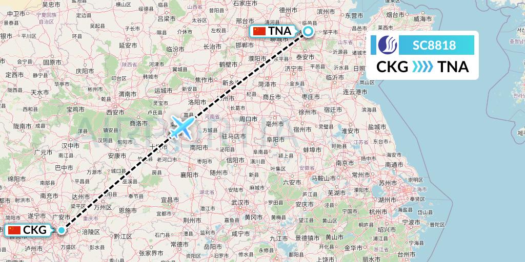 SC8818 Shandong Airlines Flight Map: Chongqing to Jinan