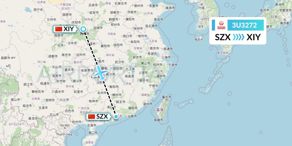 3U3272 Sichuan Airlines Flight Map: Shenzhen to Xi'an