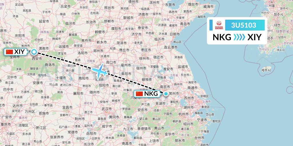 3U5103 Sichuan Airlines Flight Map: Nanjing to Xi'an