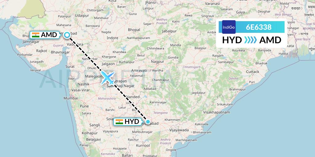 6E6338 IndiGo Airlines Flight Map: Hyderabad to Ahmedabad