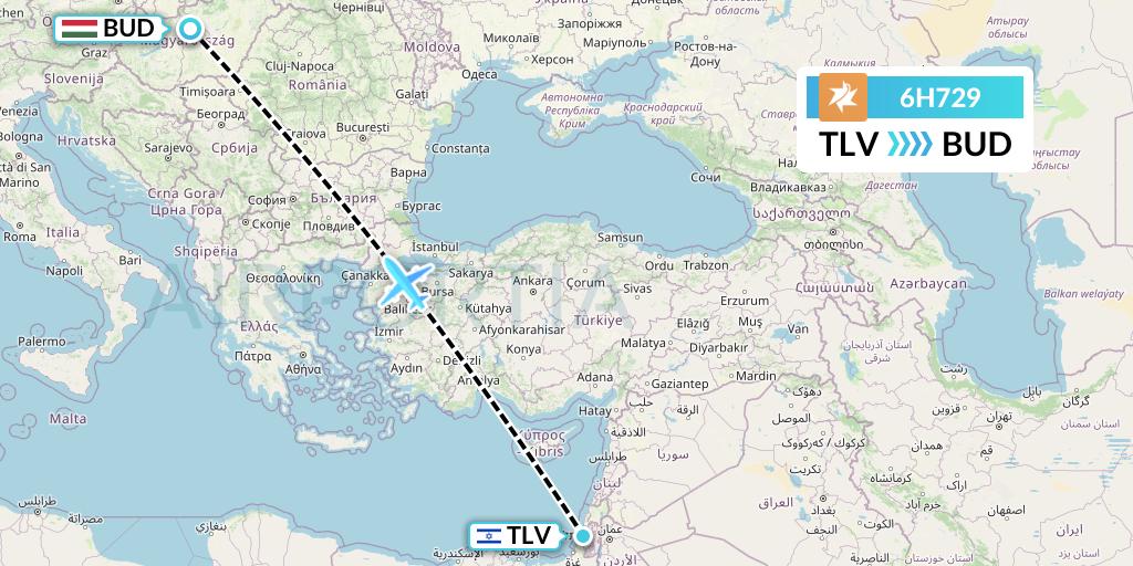 6H729 Israir Airlines Flight Map: Tel Aviv to Budapest