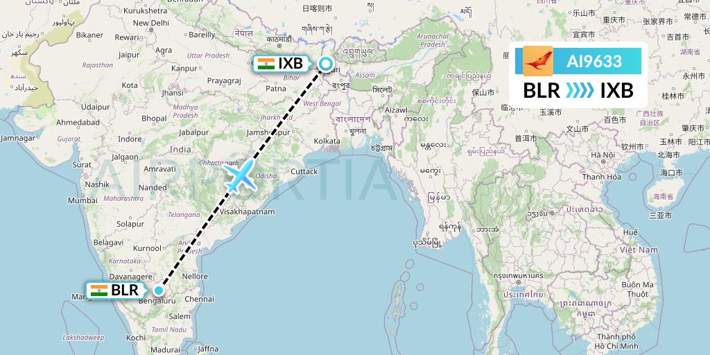 AI9633 Air India Flight Map: Bangalore to Siliguri