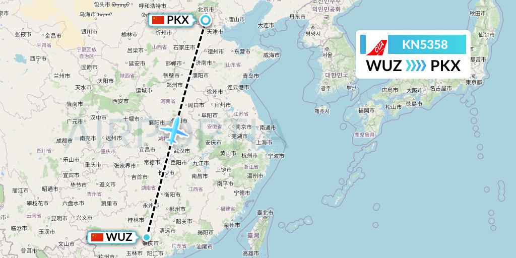 KN5358 China United Airlines Flight Map: Wuzhou to Beijing