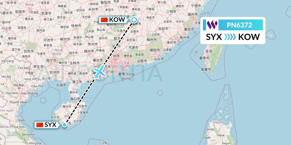 PN6372 China West Air Flight Map: Sanya to Ganzhou