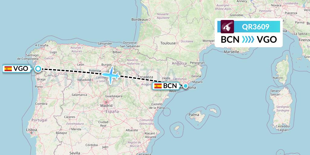 QR3609 Qatar Airways Flight Map: Barcelona to Vigo