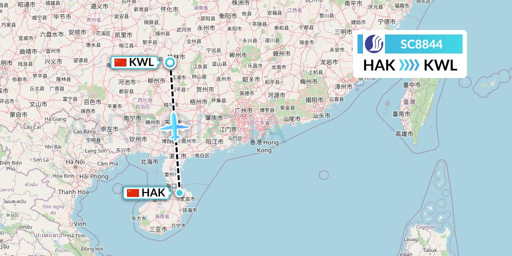 SC8844 Shandong Airlines Flight Map: Haikou to Guilin