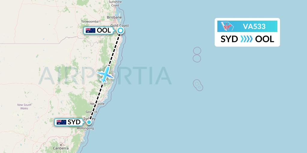 VA533 Virgin Australia Flight Map: Sydney to Gold Coast