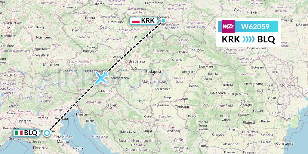 W62059 Wizz Air Flight Map: Krakow to Bologna
