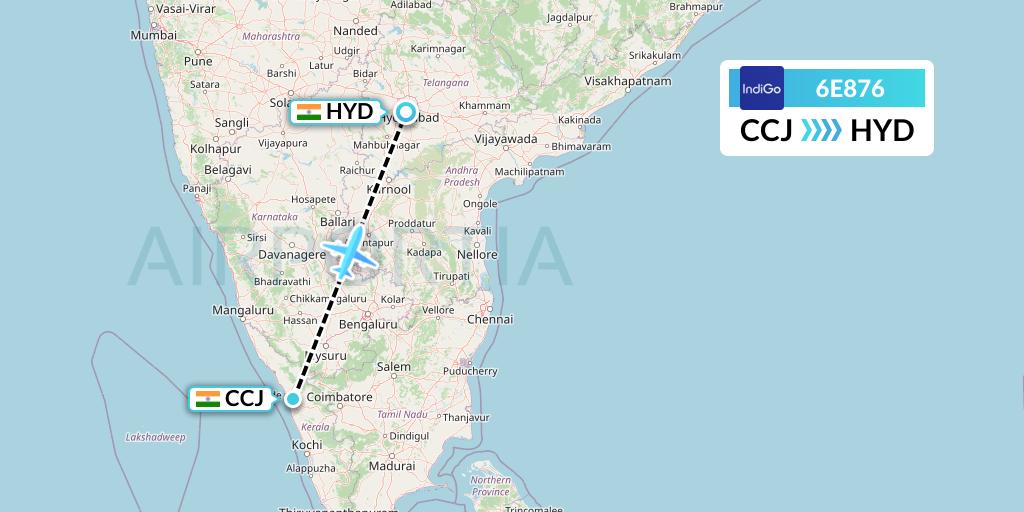 6E876 IndiGo Airlines Flight Map: Kozhikode to Hyderabad