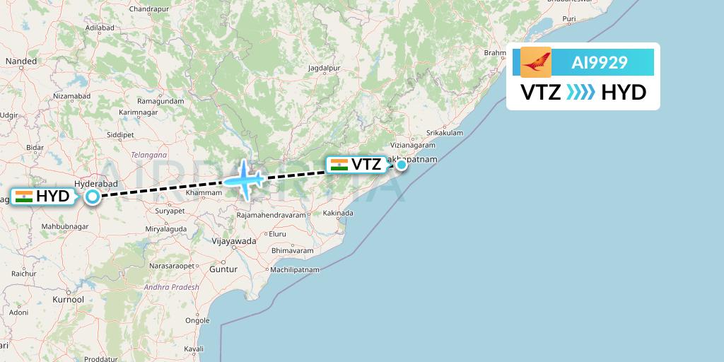 AI9929 Air India Flight Map: Visakhapatnam to Hyderabad