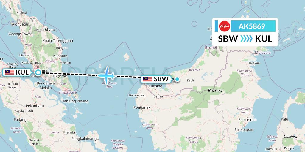 AK5869 AirAsia Flight Map: Sibu to Kuala Lumpur
