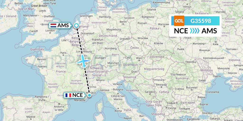 G35598 GOL Transportes Aeros Flight Map: Nice to Amsterdam