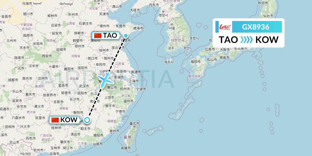 GX8936 GX Airlines Flight Map: Qingdao to Ganzhou