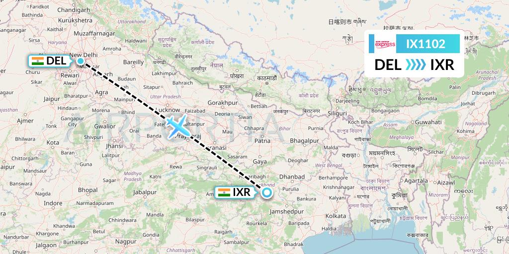 IX1102 Air India Express Flight Map: Delhi to Ranchi