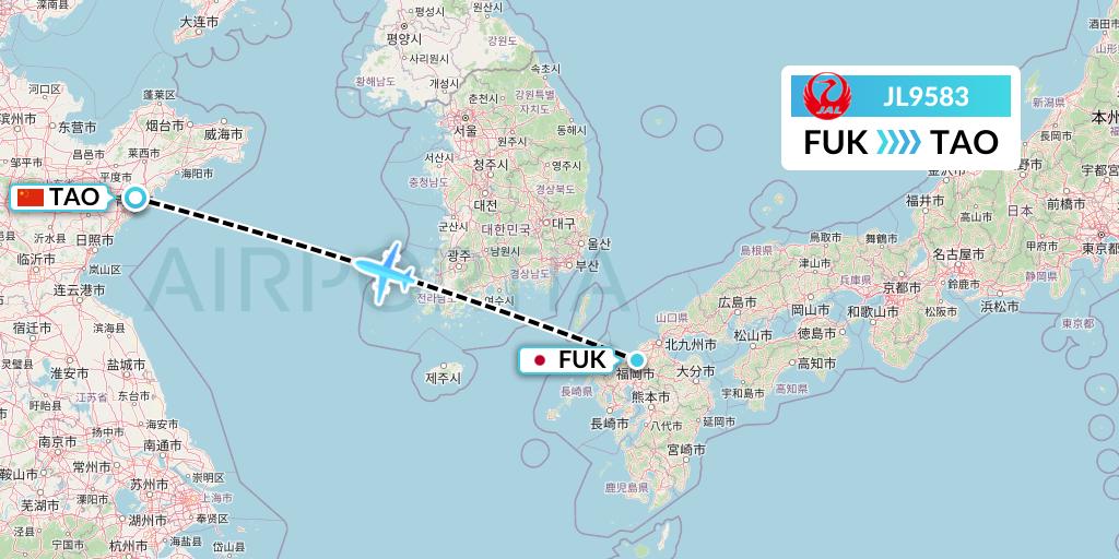 JL9583 Japan Airlines Flight Map: Fukuoka to Qingdao