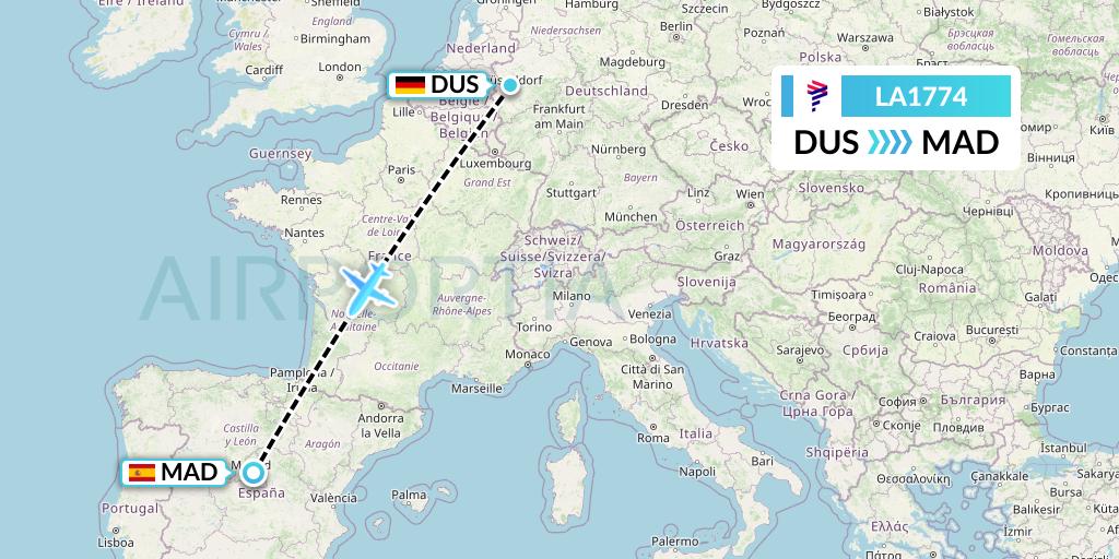 LA1774 LAN Airlines Flight Map: Dusseldorf to Madrid