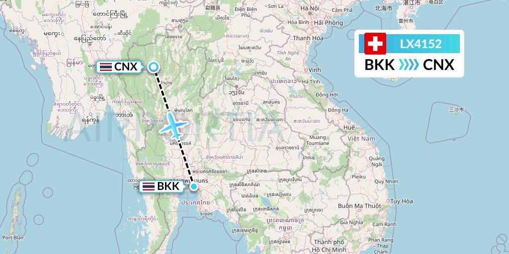 LX4152 Swiss Flight Map: Bangkok to Chiang Mai