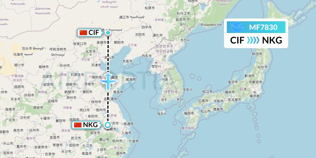 MF7830 Xiamen Airlines Flight Map: Chifeng to Nanjing