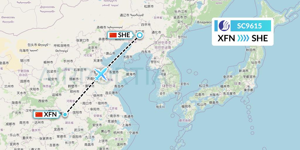 SC9615 Shandong Airlines Flight Map: Xiangyang to Shenyang