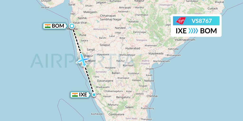 VS8767 Virgin Atlantic Airways Flight Map: Mangalore to Mumbai