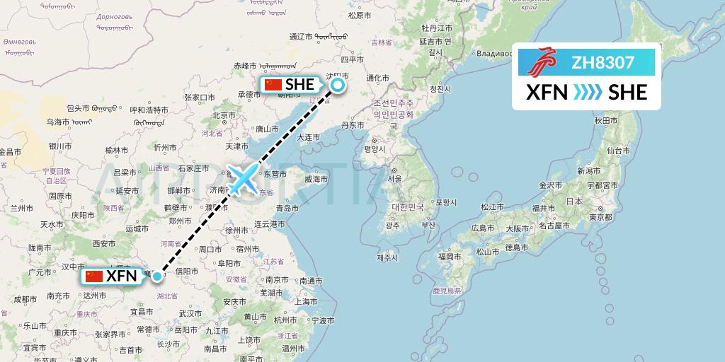 ZH8307 Shenzhen Airlines Flight Map: Xiangyang to Shenyang