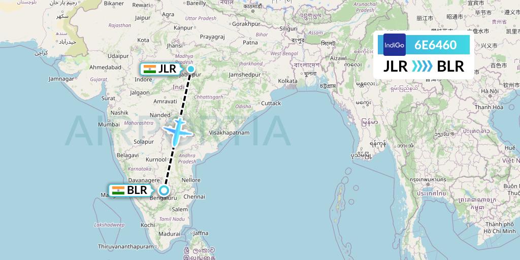 6E6460 IndiGo Airlines Flight Map: Jabalpur to Bangalore