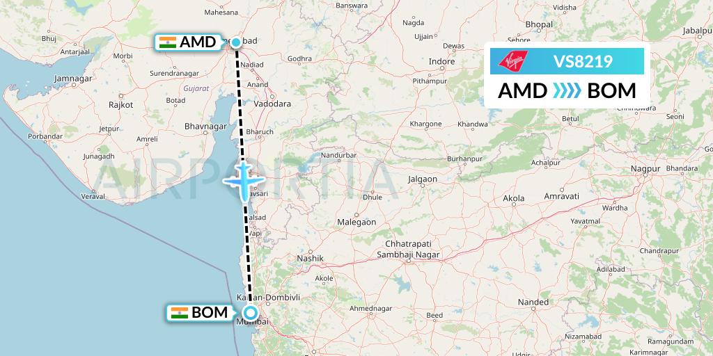VS8219 Virgin Atlantic Airways Flight Map: Ahmedabad to Mumbai