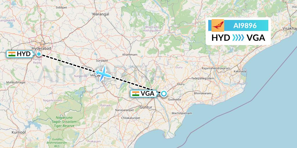 AI9896 Air India Flight Map: Hyderabad to Vijayawada