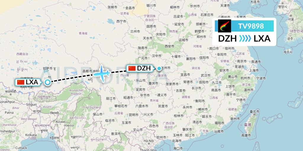 TV9898 Tibet Airlines Flight Map: Dazhou to Lhasa
