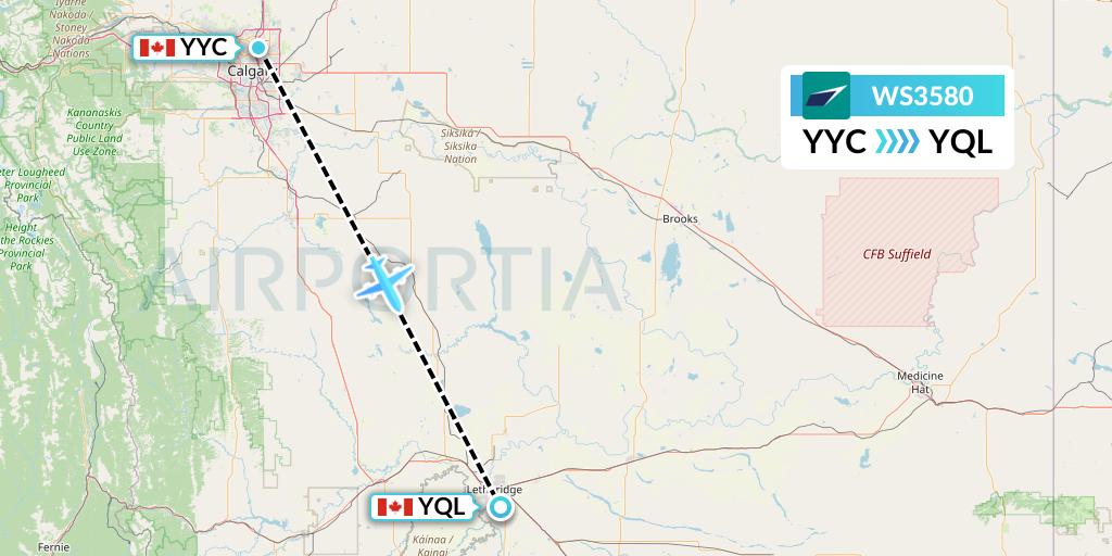 WS3580 WestJet Flight Map: Calgary to Lethbridge