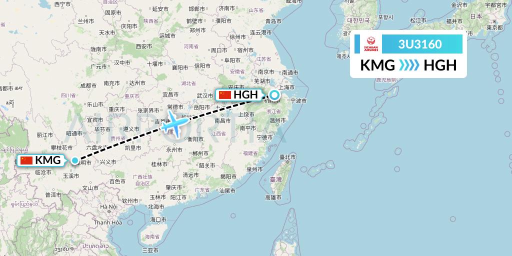 3U3160 Sichuan Airlines Flight Map: Kunming to Hangzhou