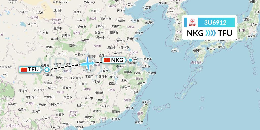3U6912 Sichuan Airlines Flight Map: Nanjing to Chengdu
