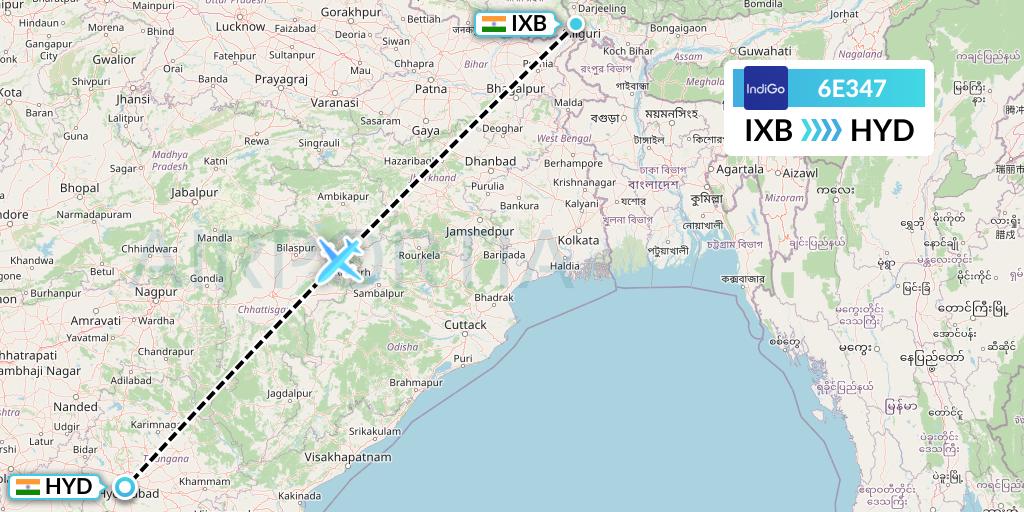 6E347 IndiGo Airlines Flight Map: Siliguri to Hyderabad