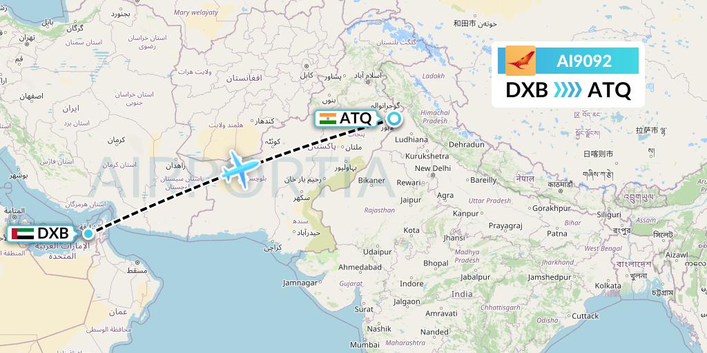 AI9092 Air India Flight Map: Dubai to Amritsar