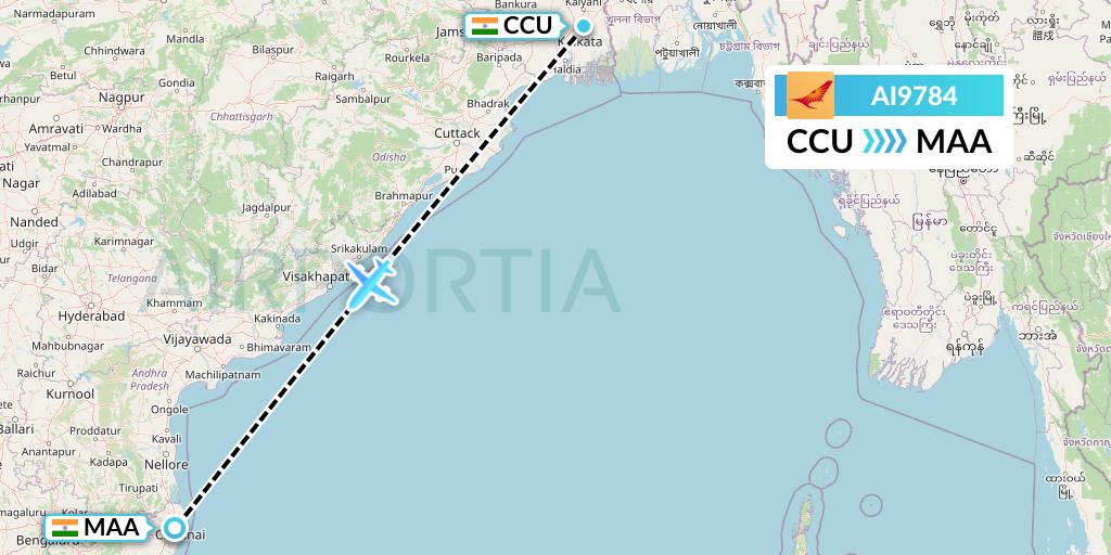 AI9784 Air India Flight Map: Kolkata to Chennai